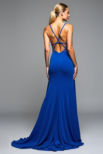 Sparkly Beaded Spaghetti Straps Royal Blue A Line Formal Dress